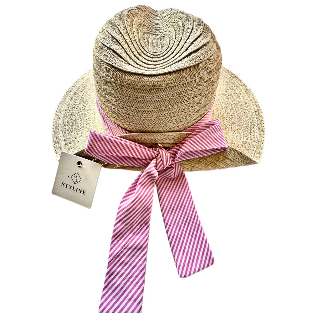 Fold Over Striped Bow Straw Hat